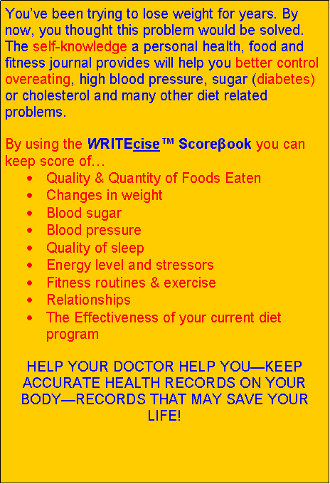 Text Box: You�ve been trying to lose weight for years. By now, you thought this problem would be solved. The self-knowledge a personal health, food and fitness journal provides will help you better control overeating, high blood pressure, sugar (diabetes) or cholesterol and many other diet related problems. By using the WRITEcise� Scoreβook you can  keep score of�Quality & Quantity of Foods EatenChanges in weightBlood sugar Blood pressureQuality of sleepEnergy level and stressorsFitness routines & exerciseRelationshipsThe Effectiveness of your current diet programHELP YOUR DOCTOR HELP YOU�KEEP ACCURATE HEALTH RECORDS ON YOUR BODY�RECORDS THAT MAY SAVE YOUR LIFE!